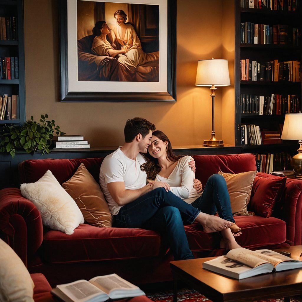 A cozy, intimate setting featuring a couple sharing a moment together, surrounded by soft lighting, luxurious fabrics, and elegant decor. Include subtle elements of adult entertainment, like tasteful artwork and books on the shelf, enhancing the theme of intimacy and connection. The couple should appear engaged and happy, portraying trust and openness. The color palette should be warm and inviting, inviting readers to explore the theme of intimacy further. super-realistic. warm colors. soft lighting.